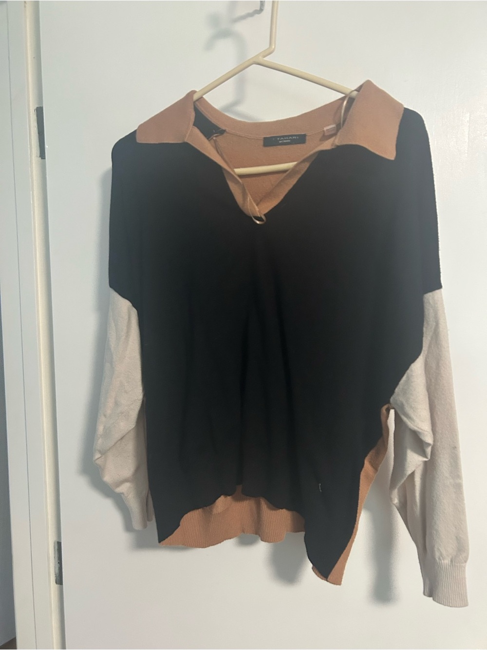 T Tahari Women's Colorblock Sweater in Tan, Black & Cream